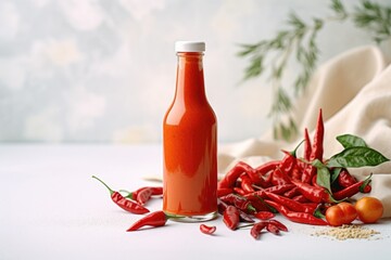 Wall Mural - Spicy Sauce Haven: The zingy allure of a fiery sauce bottle showcased on a clean white backdrop, adorned with hot peppers and an assortment of spices