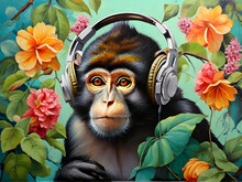 Highly Quality Acrylic Oil Paint Of A Monkey Listening To Music In Jungle. Listen To  Music Concept.