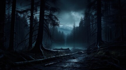 n atmospheric  rendering of a haunted forest at night  AI generated illustration