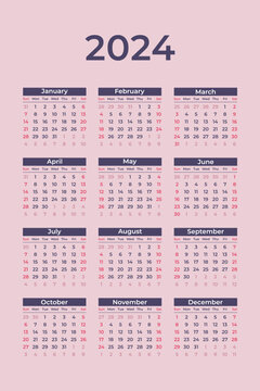 Calendar 2024 vector illustration start week from sunday, elegant pastel colour