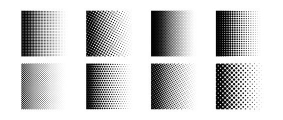 Wall Mural - Different halftone gradient backgrounds set. Cartoon dots texture wallpaper collection. Black white comic design cover pack for banner, poster, print. Pop art dotted square illustration bundle. Vector