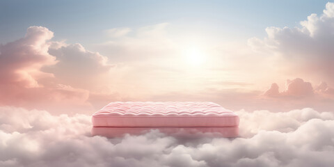 Dreamy scene with a mattress resting atop fluffy clouds