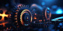 Mechanical Gears And Cogs Silhouetted On A Dark, Mysterious Background