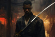 A black man samurai holding a sword in his hand