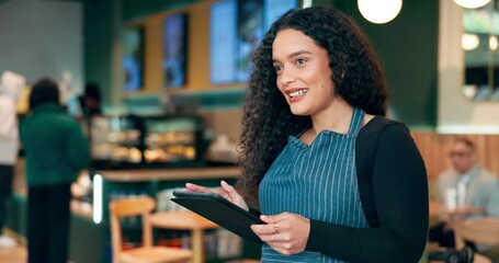 Poster - Cafe, woman and business owner on tablet for restaurant sales, online management or customer service reviews. Happy entrepreneur, waitress or barista typing on digital technology for coffee shop data