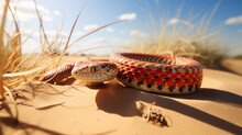 Coral Snake Slithering Through A Sandy Desert Landscape. AI Generative.