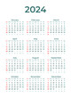 © Almultazam - Calendar 2024 vector illustration start week from sunday, Simple elegant