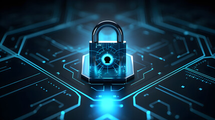 Wall Mural - Digital padlock for computing system on dark blue background, cyber security technology for fraud prevention and privacy data network protection concept.