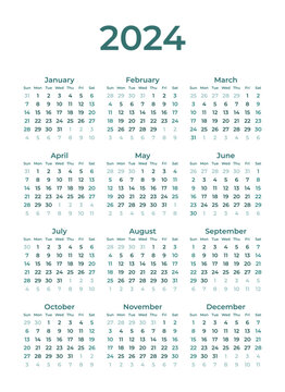 Calendar 2024 vector illustration start week from sunday, Simple elegant