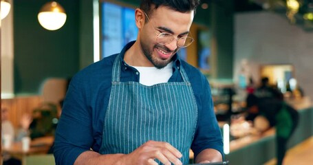 Wall Mural - Happy man, barista and tablet for cafe or restaurant marketing, online management or customer service reviews. Happy business owner, waiter or worker typing on digital technology for coffee shop data