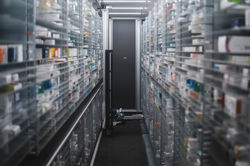 Narrow pharmacy aisle flanked by towering shelves stocked with medicine boxes. A pharmacy robot navigates through, ensuring efficient and precise medication retrieval.