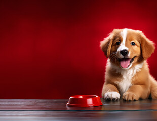 Cute puppy waiting patiently beside a red bowl on wooden floor. Created with Generative AI technology