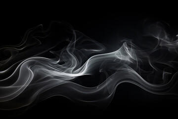 Smoke, incense or gas in a studio with dark background by mockup space for magic effect with abstract. Fog, steam or vapor mist moving in air for cloud smog pattern by black backdrop with banner.