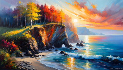 Wall Mural - Beautiful abstract oil painting of a sunset landscape over the sea