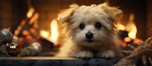 Cute Little Dog In Front Of Fireplace At Home, Closeup