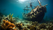 Underwater view of an old sunken ship on the seabed, Pirate ship and coral reef in the ocean