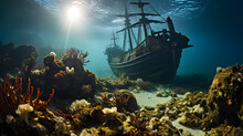 Underwater View Of An Old Sunken Ship On The Seabed, Pirate Ship And Coral Reef In The Ocean