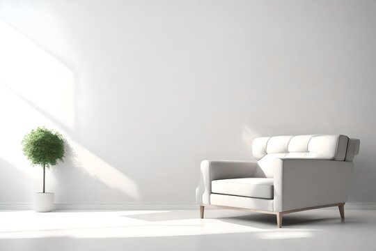An armchair in a contemporary, minimalist setting against a background of a blank white wall.rendering in 3D