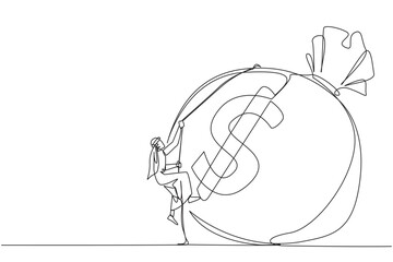 Poster - Single continuous line drawing Arabian businessman climbing money bag with rope. Work harder to get very large retirement fund. Bring out abilities to the maximum. One line design vector illustration