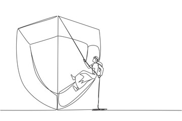 Poster - continuous one line drawing arab businessman climbs shield with rope. works to help clients secure d
