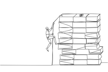 Poster - Single one line drawing smart robot climbs stack of banknotes with rope. The hard worker to raise capital to create a new business. For better future life. Continuous line design graphic illustration