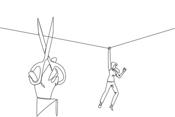 Poster - Single one line drawing businesswoman hanging from rope. A big hand that want to cut the rope. Maintaining a nearly useless business. Thwarted by traitors. Continuous line design graphic illustration