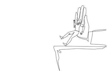 Poster - Continuous one line drawing businesswoman standing on edge of a cliff. Something big wants to bring down business. Invisible enemy. Bring down competitor. Single line draw design vector illustration