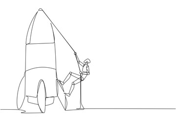 Poster - continuous one line drawing smart robot climbs rocket with rope. set the intention to open a new bra