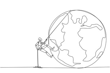 Poster - single continuous line drawing smart robot climbing globe with the rope. trying dominate the world w