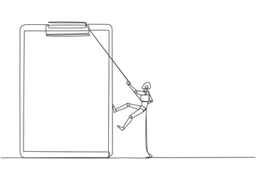 Poster - Single continuous line drawing smart robot climbing clipboard with the rope. Extra effort to work on reports optimally. The final report is awaited. Work hard. One line design vector illustration