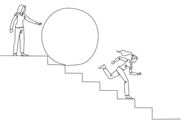 Poster - Single continuous line drawing businesswoman running down stairs avoiding big ball. Attacked by business friends. Traitor in business. Cheating in business. Betray. One line design vector illustration