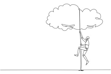 Poster - Continuous one line drawing smart robot climbing clouds with the rope. A metaphor for hanging dreams sky high. Ultimate success. Hard worker. Work smarter. Single line draw design vector illustration