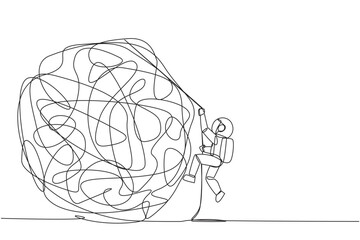 Poster - Single one line drawing young astronaut climbs heavy mess circle with the rope. Trying to lay anxiety at the feet. For clarity of thought. Smart work hard. Continuous line design graphic illustration
