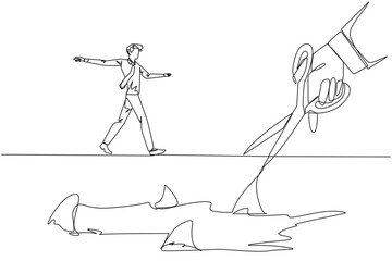 Wall Mural - Continuous one line drawing businessman walking across on tightrope. A metaphor pursuing a career. Ruined by traitors. Fake friend. Business sabotaged. Single line draw design vector illustration