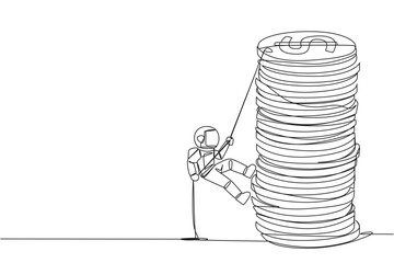 Poster - continuous one line drawing astronaut climbs stack of coins with rope. the entrepreneur trying hard 