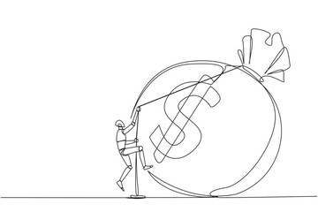 Poster - single one line drawing smart robot climbing money bag with the rope. work harder to get a very larg