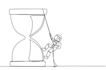 Poster - single continuous line drawing young astronaut climbs hourglass with rope. the countdown is set. dea