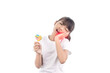 © Kung37 - Asian little girl has toothache and hand holding Lollipop isolated on white background with clipping path.