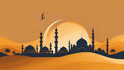 Wall Mural - silhouette of mosque in sunset, silhouette of mosque, silhouette of mosque ramadan, silhouette of mosque ramadhan, magrib, ramadan bulan puasa, promosi untuk bulan ramadan