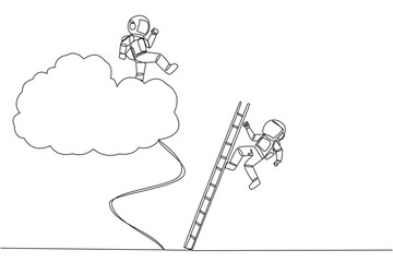 Poster - Single continuous line drawing astronaut kicks opponent who climbing the cloud with a ladder. Perfect achievement in business. Bring down competitors in any way. One line design vector illustration