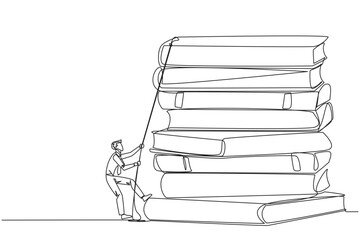 Poster - Single one line drawing businessman climbing a pile of books with a rope. Try hard to gain new knowledge for the smooth running of business. Satisfied. Continuous line design graphic illustration