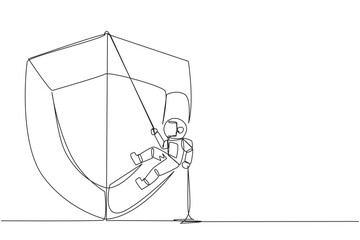Poster - single one line drawing astronaut climbs shield with rope. working to help clients secure servers fr