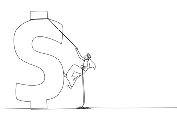 Wall Mural - Single continuous line drawing Arabian businessman climbs dollar symbol. Metaphor looking for extra money because of high needs. Smart work combined with hard work. One line design vector illustration