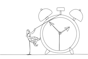 Poster - single one line drawing arab businesswoman climbs alarm clock with rope. work carefully to complete 