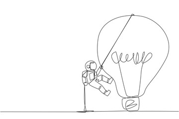 Poster - single one line drawing astronaut climbing lightbulb with rope. trying to reach high places to get u