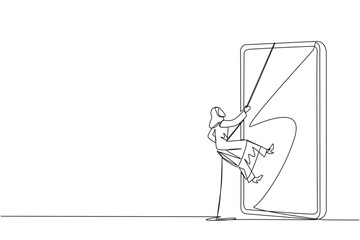 Poster - Single one line drawing Arab businesswoman climbs smartphone with rope. Improve business relationship. Massively contact colleague. Connected to each other. Continuous line design graphic illustration