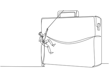 Poster - Single one line drawing businessman climbs briefcase with rope. A metaphor for building a business from scratch. Growing and having many relationships. Continuous line design graphic illustration