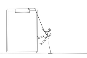 Poster - Continuous one line drawing businessman climbing clipboard with rope. Extra effort to work on reports optimally. The final report is awaited. Work hard. Single line draw design vector illustration
