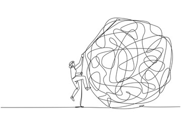 Continuous one line drawing businesswoman climbs heavy mess circle with rope. Trying to lay anxiety at the feet. For clarity of thought. Smart work hard. Single line draw design vector illustration