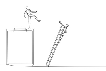 Canvas Print - Single continuous line drawing smart robot kicks opponent who is climbing a big clipboard with a ladder. The bully will ruin the daily report. Chase away bullies. One line design vector illustration